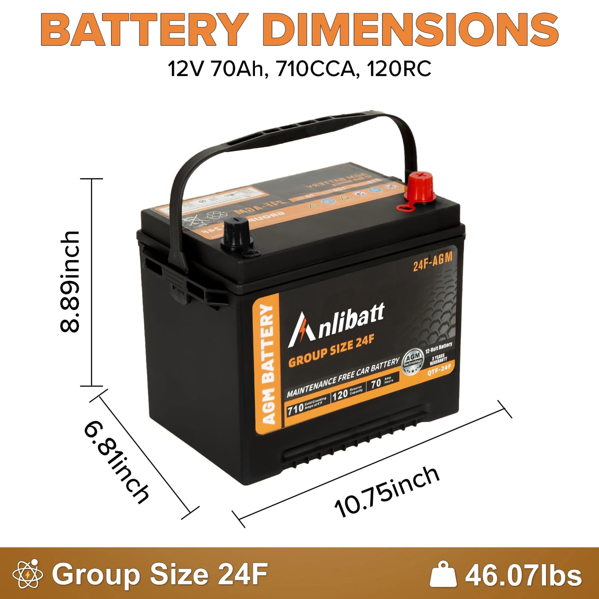Anlibatt BCI Group 48 Battery, AGM 12 Volt Rechargeable Automotive Batteries for Car, H6 760CCA 70Ah 120RC, Maintenance Free