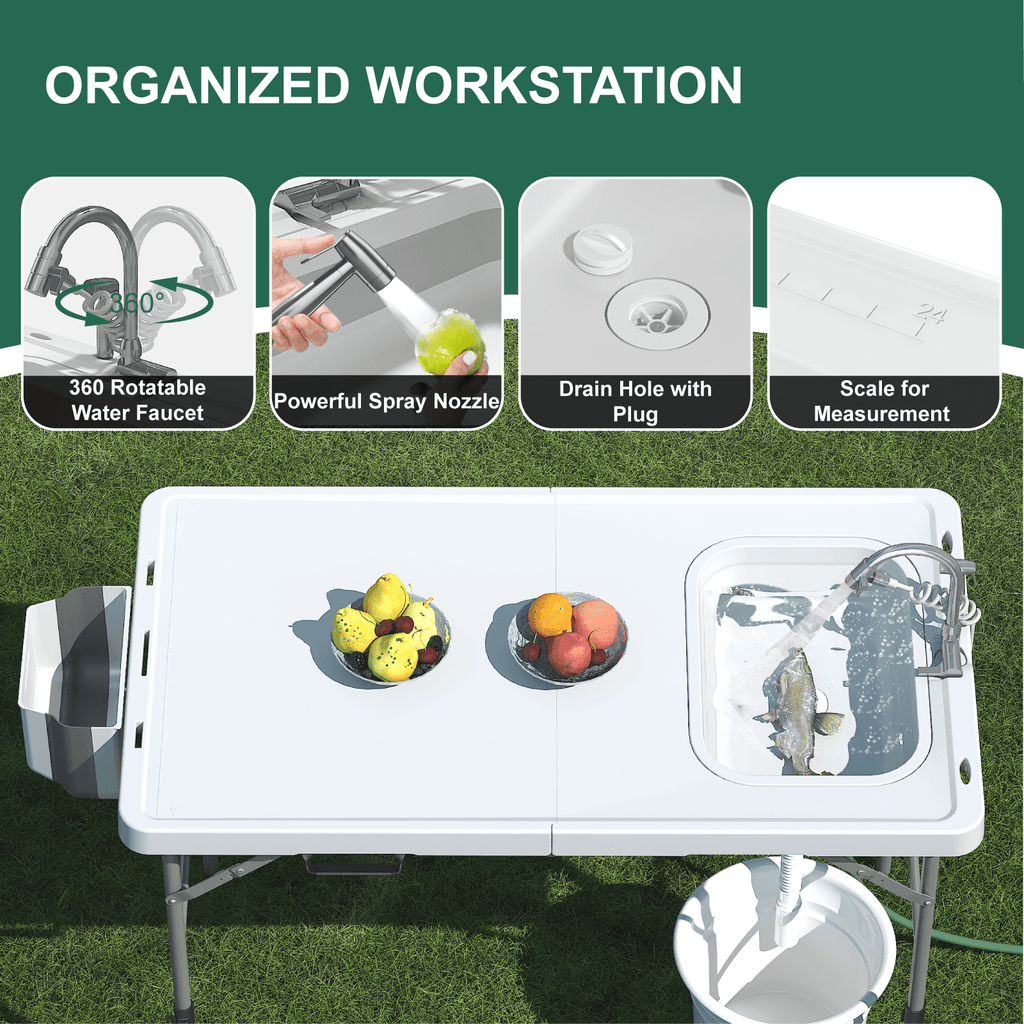 EVOKEDEN 42.5 Fish Cleaning Table w/ Sink, Folding Camping Table & Fish Cleaning Station w/ Measure Mark