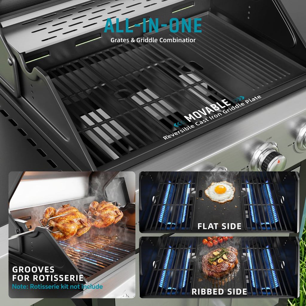 Biotree 3 Burner Gas Grill with Side Burner,40800 BTU Barbecue Grill Propane Stainless Steel BBQ Grill with Porcelain-Enameled Cast Iron Grates for Outdoor Cooking