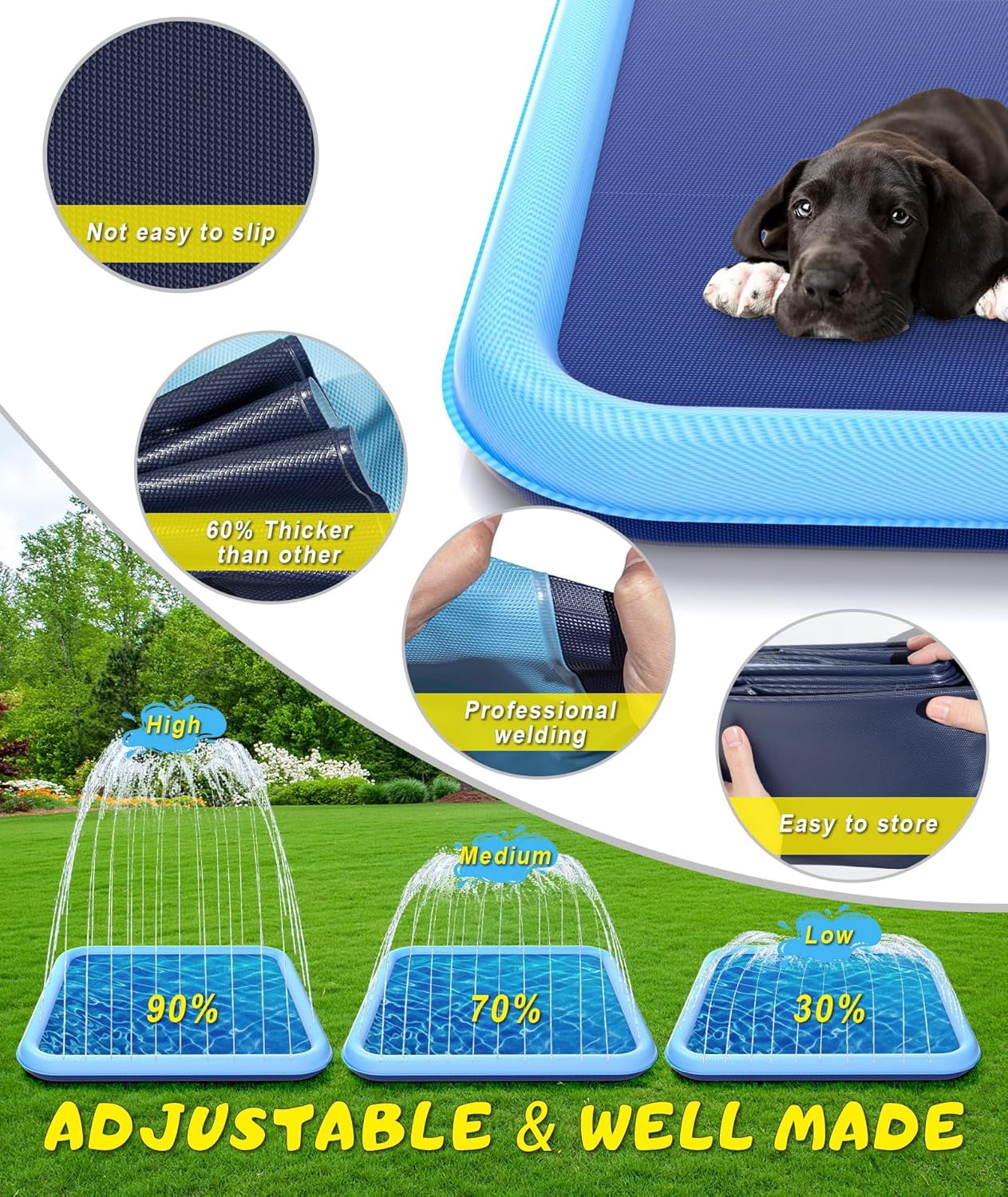 Splash Pad, 155- 110.24 Size Extra Large Sprinkler Play Mat for Dogs & Kids, Thicker Wading Pool Summer Outdoor Water Toys, Fun Backyard Fountain Play Pad for 3 Age+ Girls Boys Children & Pets