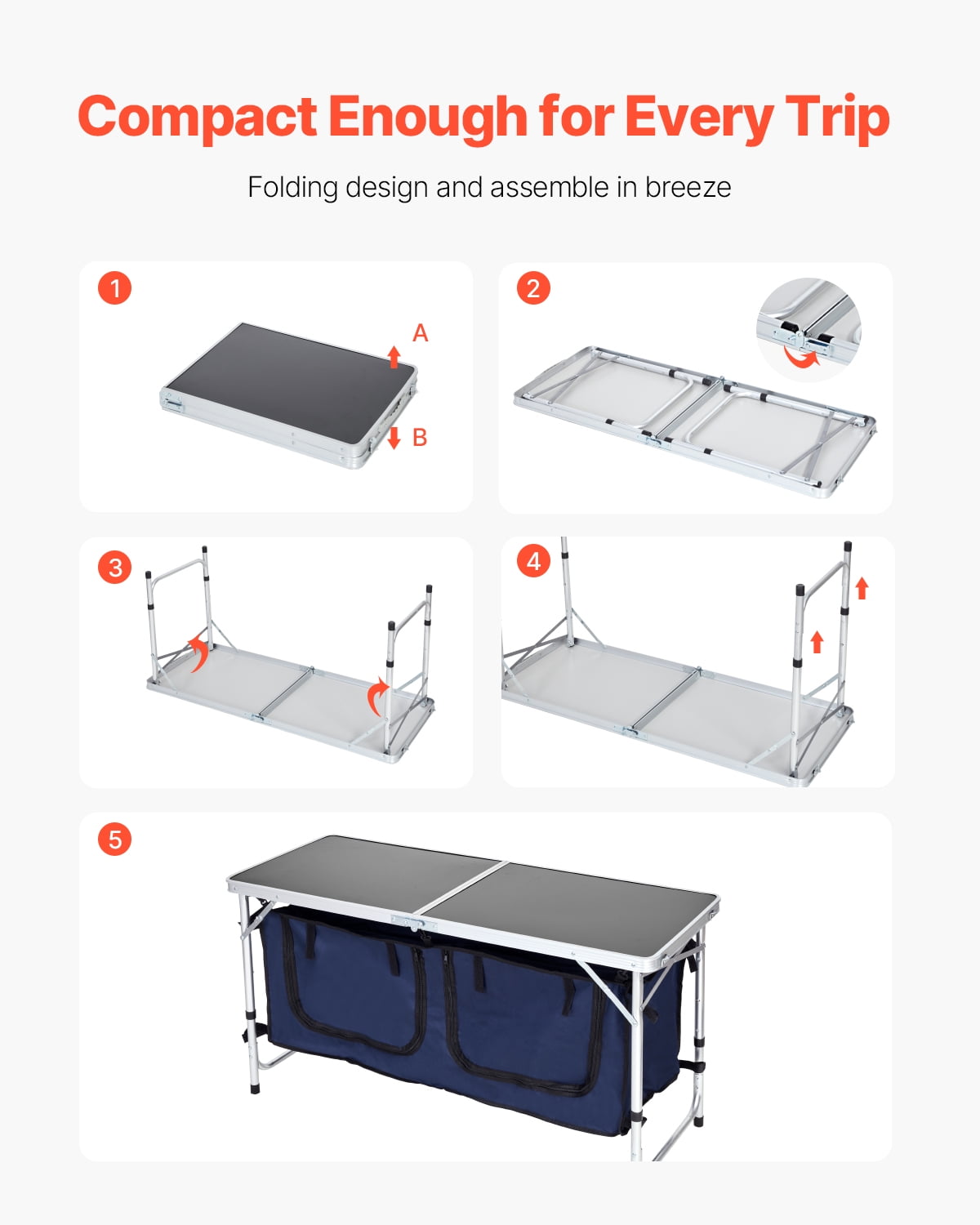 VEVOR Camping Kitchen Table, Quick set-up Folding Camping Table with A Carrying Bag, 3 Adjustable Heights, MDF Camping Table, Ideal for Outdoor Picnics, BBQs, Camping, RV Traveling
