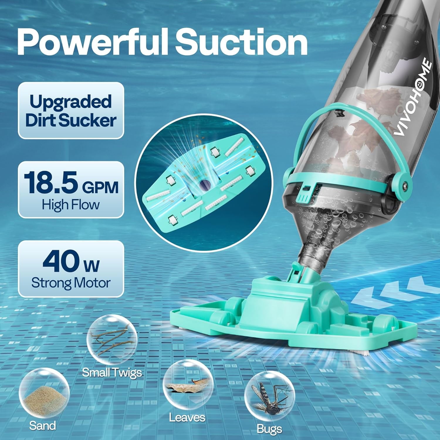 SPECSTAR Cordless Pool Vacuum with Telescopic & Extension Poles 9.12ft, 18.5 GPM Suction, 60-Min Run Time, Handheld Cleaner Rechargeable with Battery Indicator for Pools/Spas/Hot Tubs - Yellow