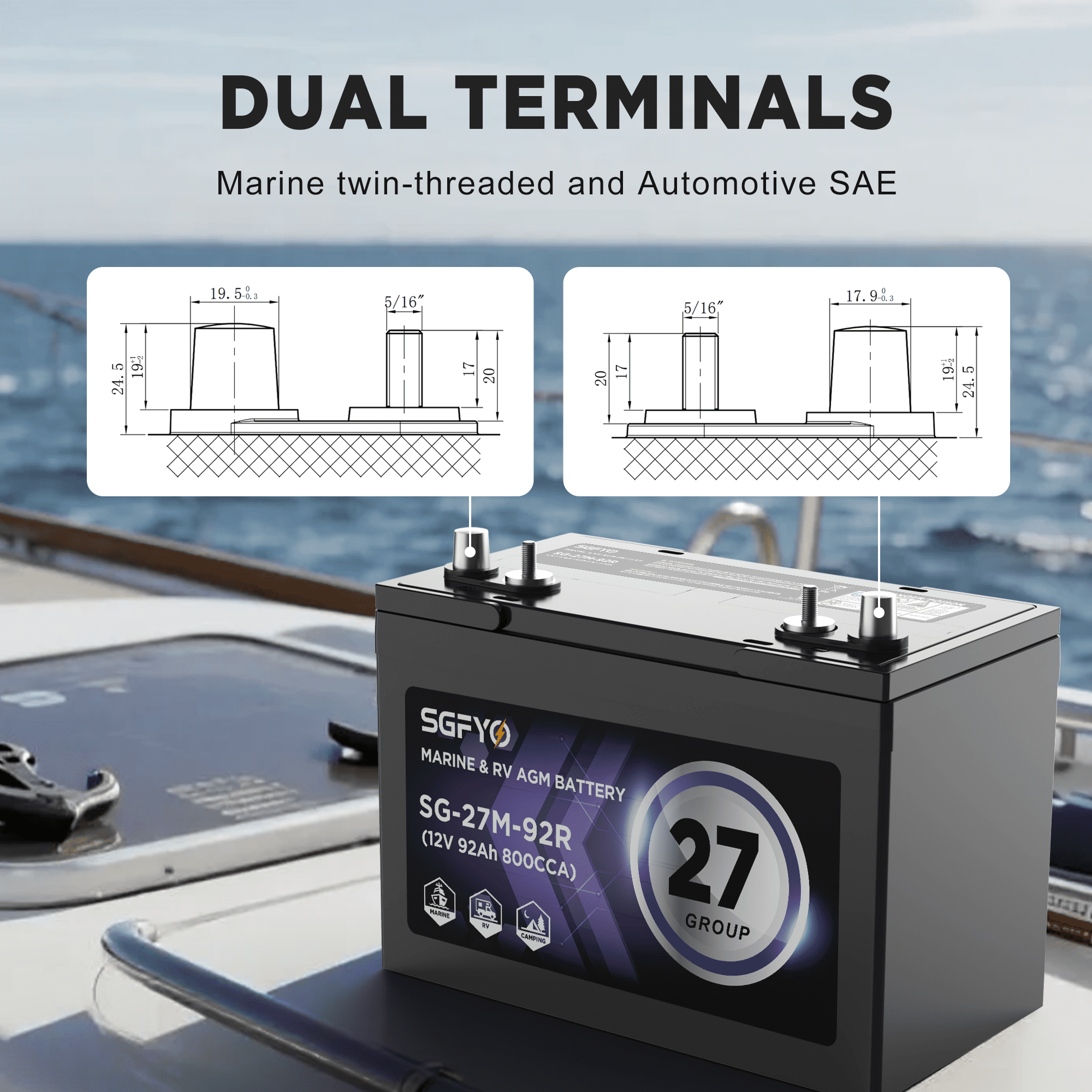 SGFYO Group Size 27M Dual Purpose Marine Battery,12V 92Ah 800CCA 175RC AGM Starter and Deep Cycle RV & Boat Batteries