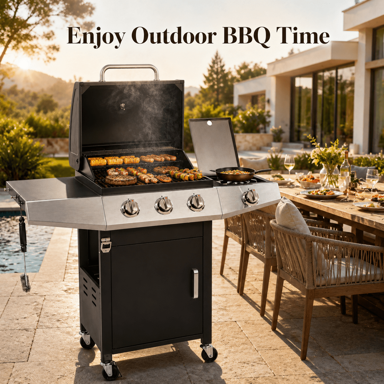 Enyopro 3-Burner Propane Gas Grill, 30000 BTU BBQ Grill with Foldable Side Table, Stainless Steel Warming Rack, Hooks, and Built-In Bottle Opener for Outdoor Barbecue