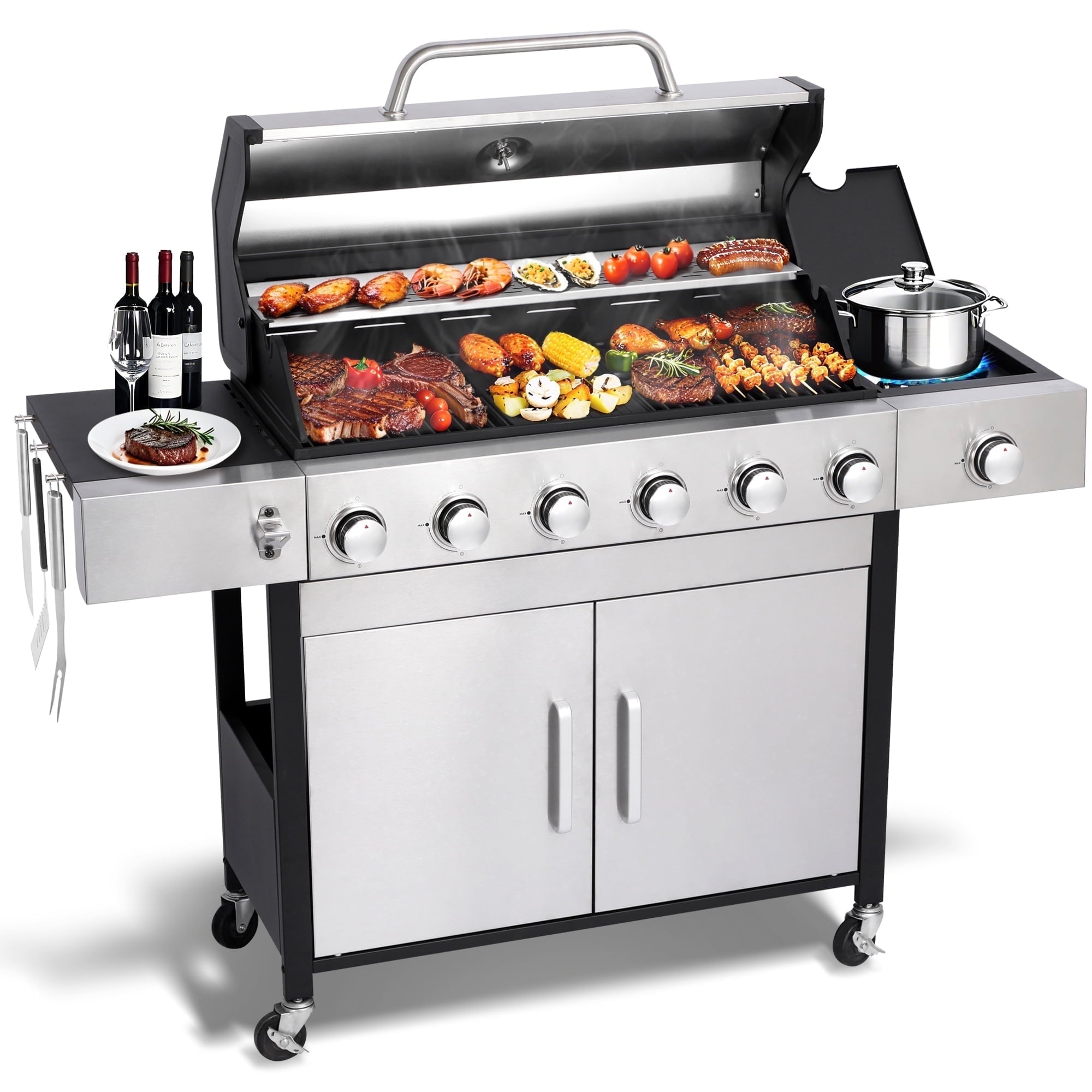 Nice Cooker 6-Burner Propane Gas BBQ Grill with Side Burner - 65850 BTU Total Output Stainless Steel Grills with Enameled Cast Iron Grill for Outdoor Backyard Barbecue, 620 SQ. IN. Cooking Area