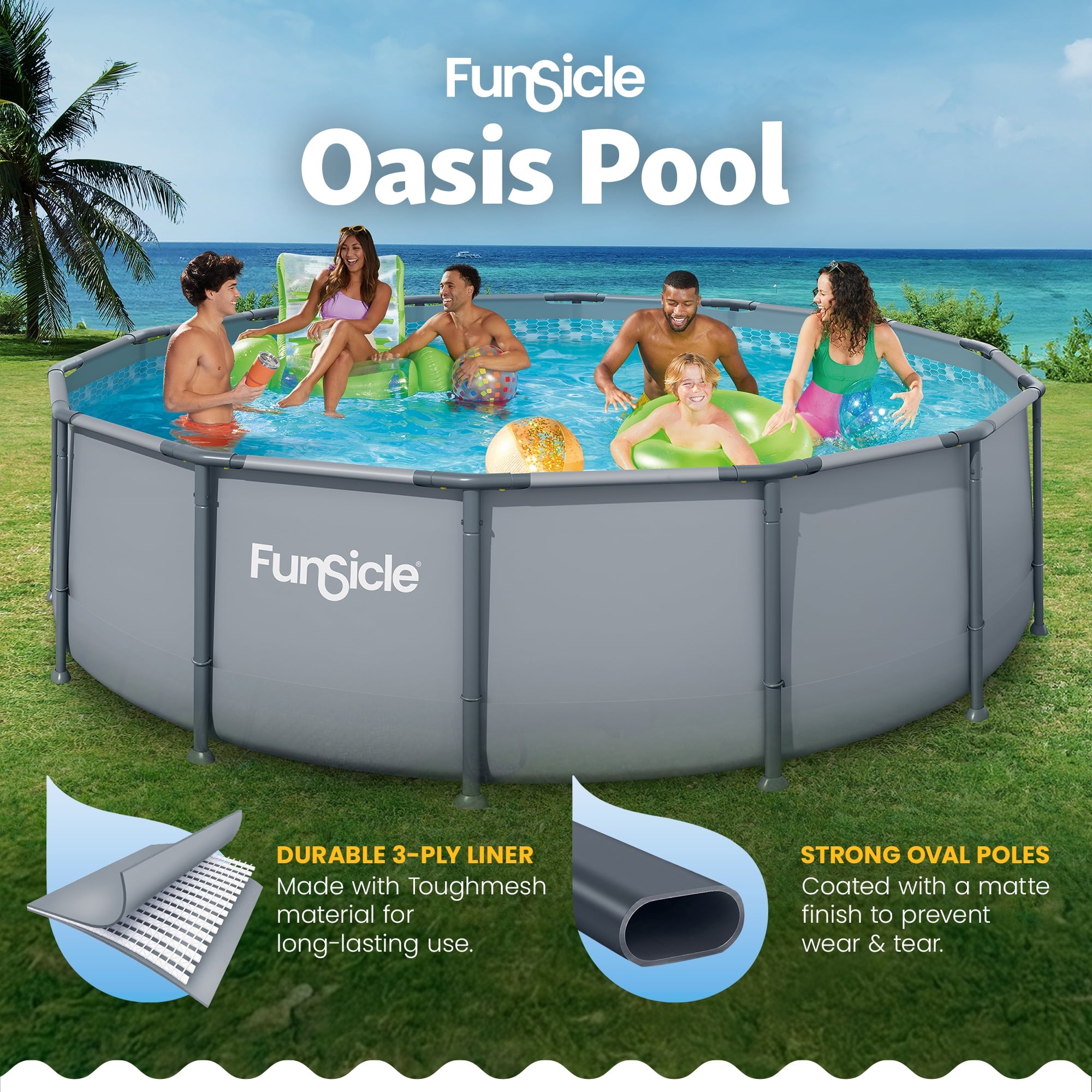 Funsicle 14ft Round Oasis Above Ground Pool with SkimmerPlus Filter Pump, Age 6 & up