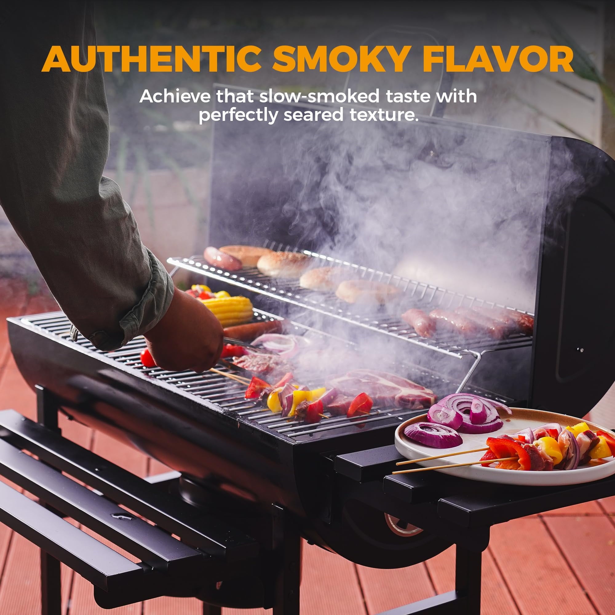 MASTER COOK Barrel Charcoal Grill with Foldable Shelf, Outdoor BBQ Smoker Grill with Thermometer and Adjustable Air Vents