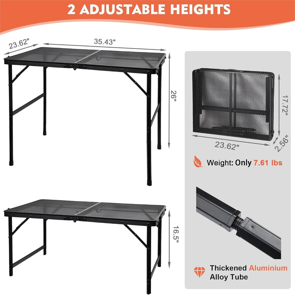 3FT Camping Folding Table with Adjustable Height(16.5/26), Black Metal Mesh Table with Carry Handle, Lightweight Portable Folding Grill Table for Camping Tailgating BBQ Picnic Indoor, up to 66 lbs