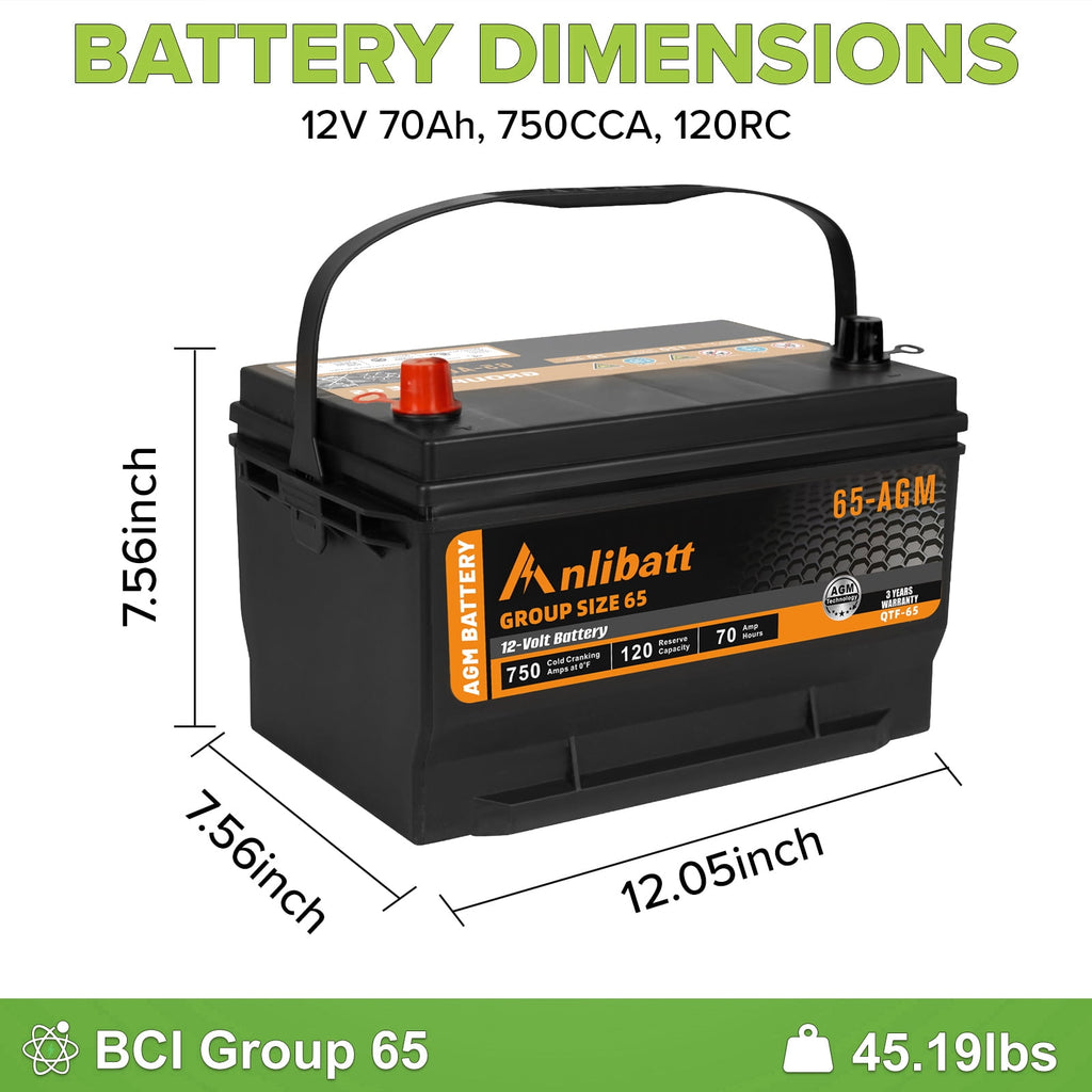 Anlibatt BCI Group 48 Battery, AGM 12 Volt Rechargeable Automotive Batteries for Car, H6 760CCA 70Ah 120RC, Maintenance Free
