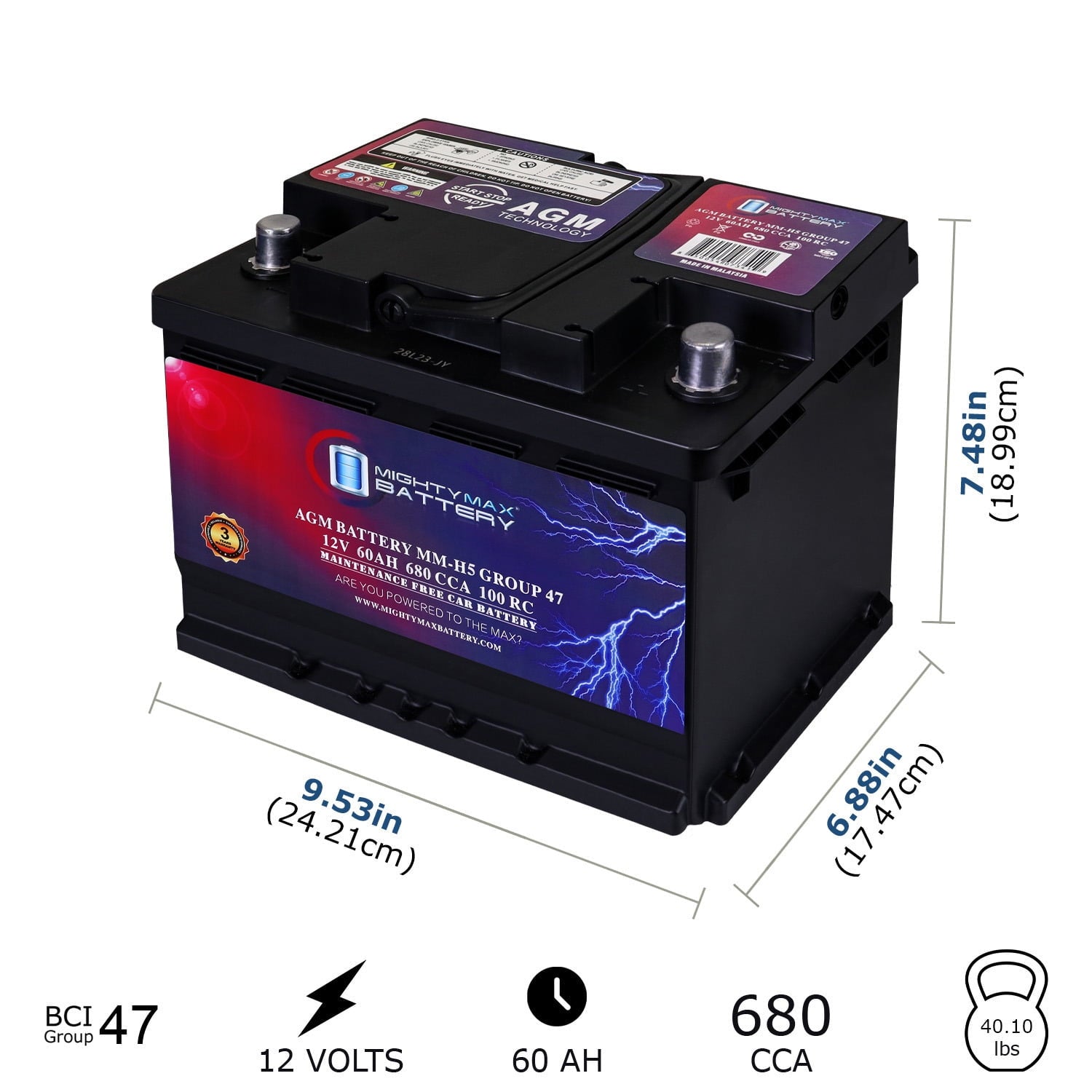 MM-H5 Start and Stop Car BCI Group Size 47 12V 60 AH, 100RC, 680 CCA Rechargeable AGM Car Battery